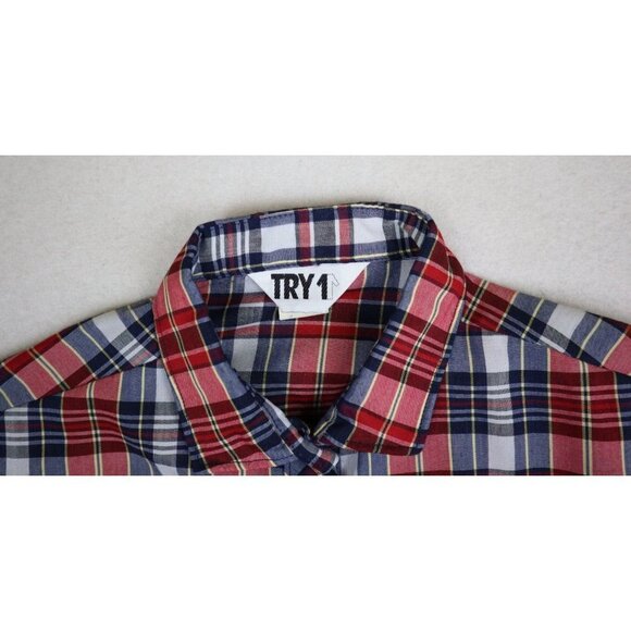 VINTAGE WOMEN'S RED WHITE BLUE PLAID LONG SLEEVE BUTTON-UP TOP - TRY 1 - SIZE 9 - Picture 3 of 8